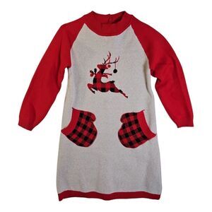 Kids4ever Reindeer Christmas Sweater Dress W/ Mitten Pockets Size 6/7